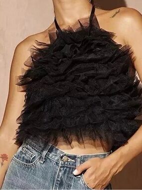 Zara Black Ruffle Halter Crop Top